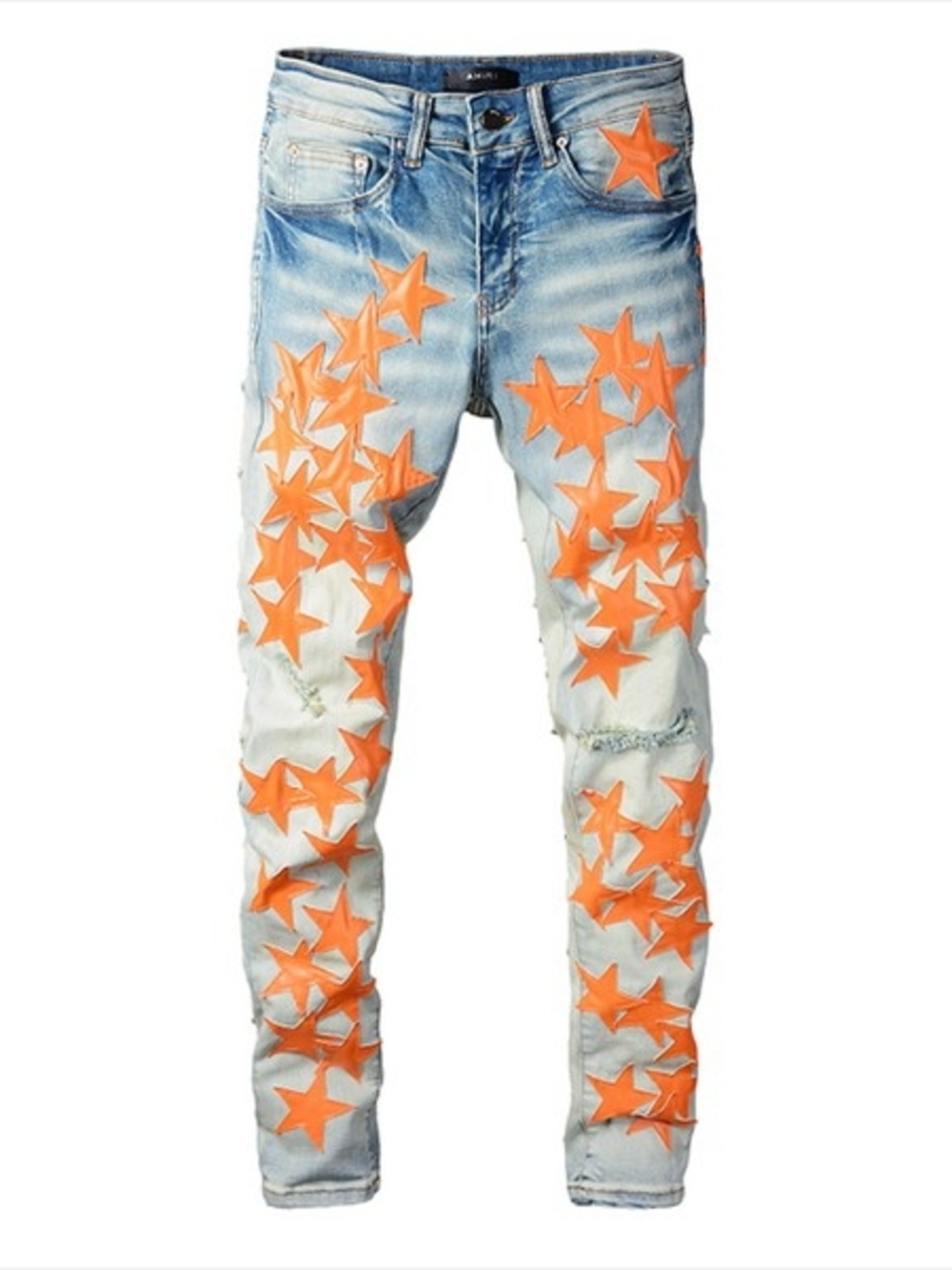 AMIRI Light Blue Skinny Jeans with Orange Star Appliqués